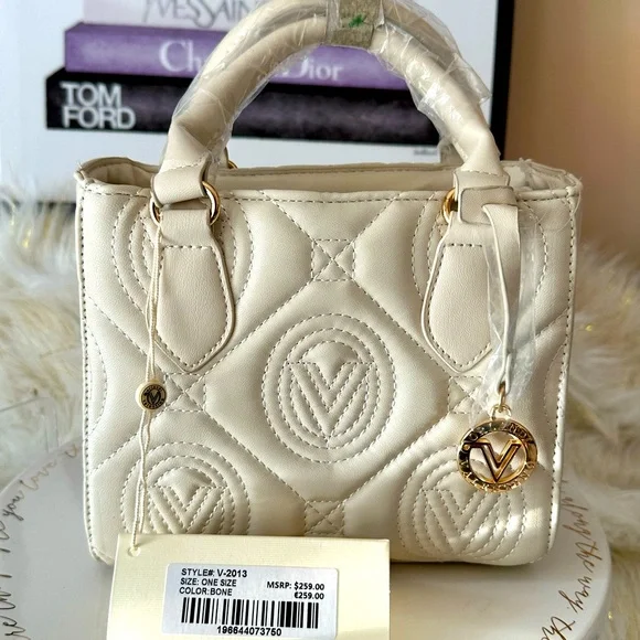 Buy Valentino Orlandi Cream Flapover V Logo Vegan Leather  Valentino Orlandi Cream Quilted Satchel with Gold Hardware display picture 1